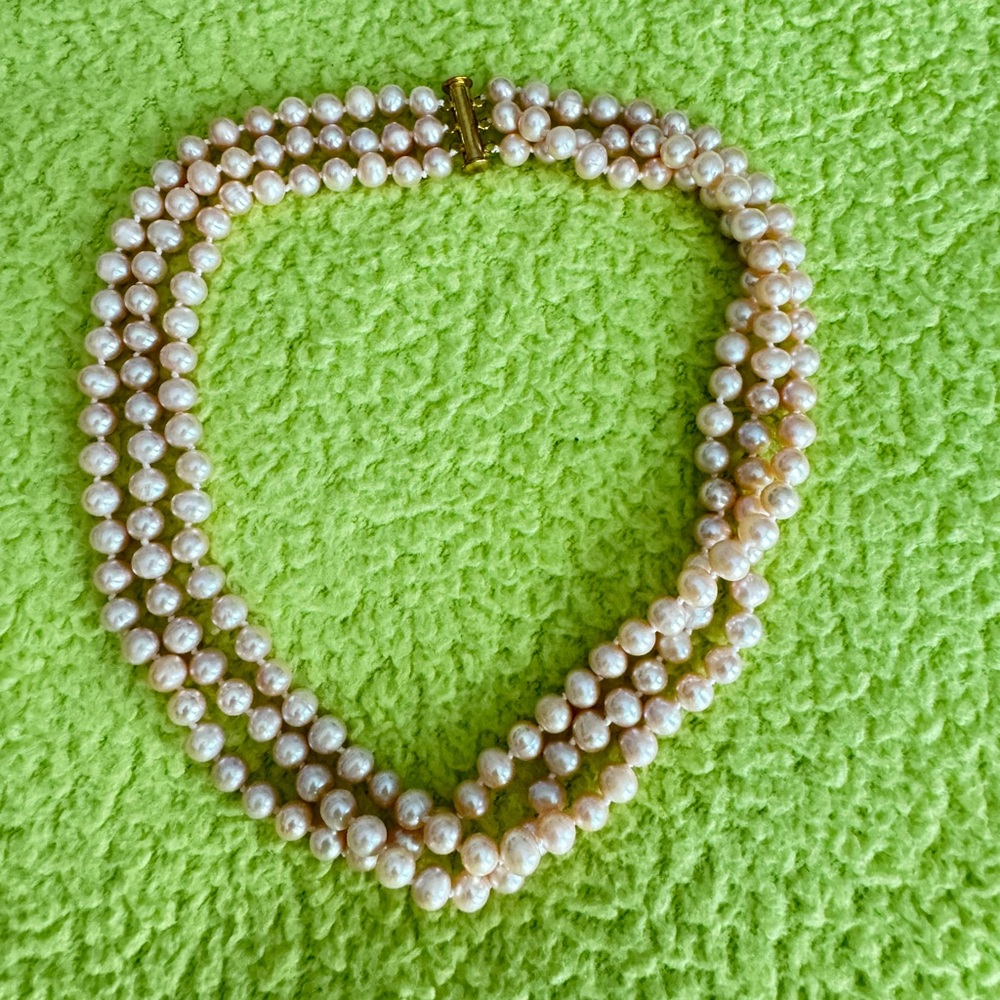Elegant 3 Strand Freshwater Pearl Necklace - Peachy/cream color